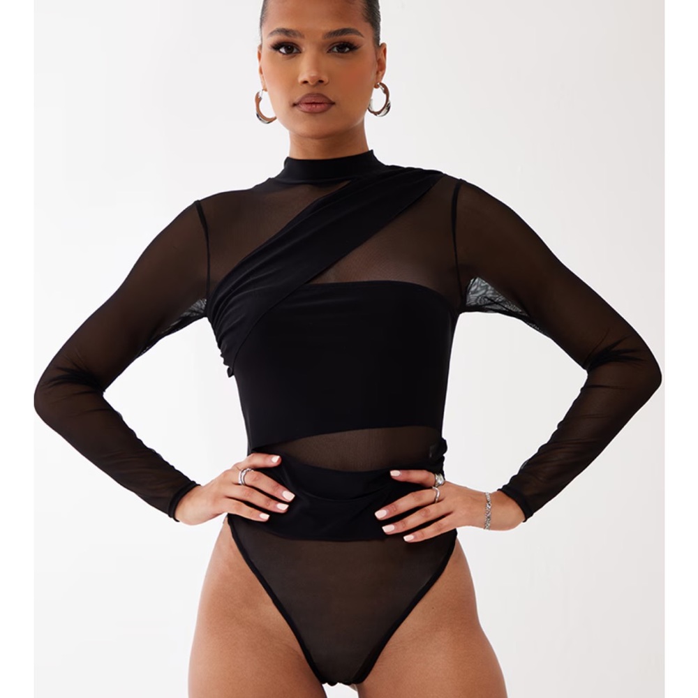 PLT: Black Mesh Drape Front High Neck Long Sleeve Bodysuit